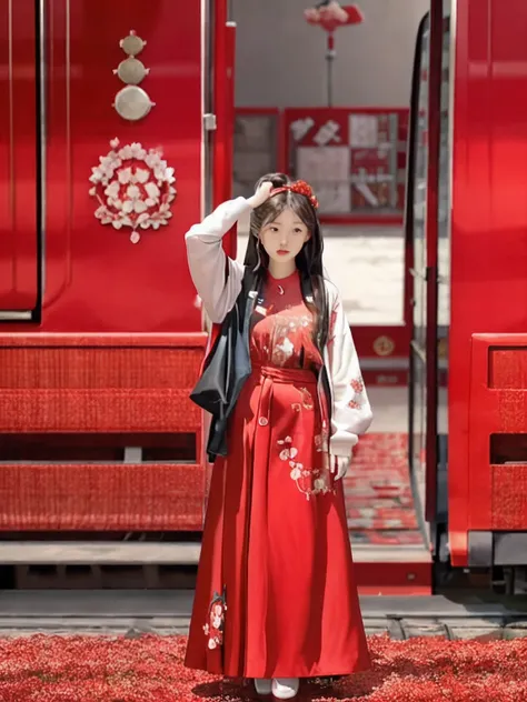 Woman standing in front of the red train，It has roses and teddy bears on it, standing in flower field, appearing in a shopping mall, red roses at the top, Red roses, in a mall, With flowers, in mall, standing in flower field, Red flowers, in red background...