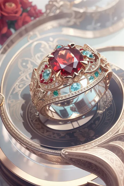 extremely delicately beautiful，artwork of a，dear，luxury goods，top inlay craftsmanship，transparent gemstones、red colour、with ligh...