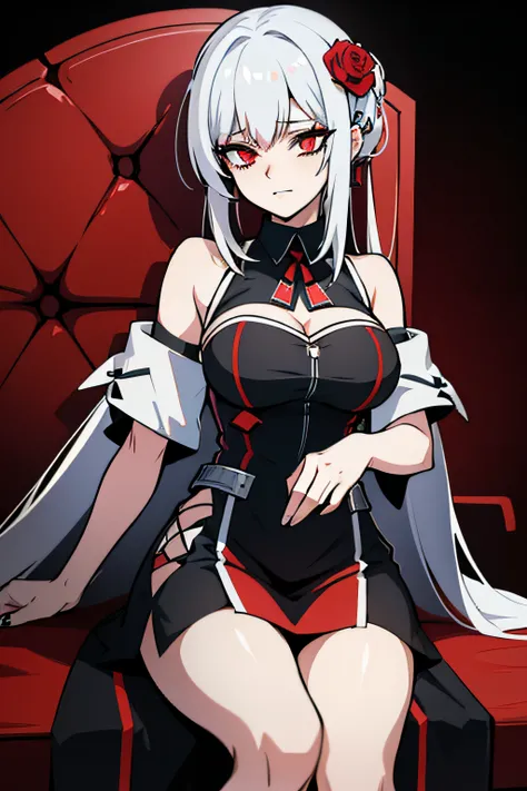 anime character sitting on a red chair with a rose in her hand, from arknights, from girls frontline, pin on anime, white haired, white haired deity, todays featured anime still, ayaka genshin impact, white-haired, a silver haired mad, accurate depiction, ...