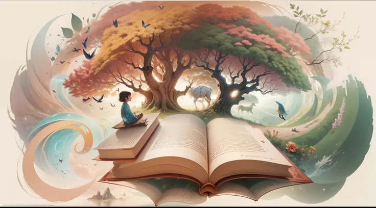 "Uma cena vibrante e envolvente. Imagine a world where words dance and come to life, where characters come off the pages and stories gain wings. In this illustration, We imagine a magical scenario where an open book turns into a portal to a universe of ima...