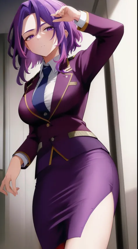 scan, (extremely detailed CG unity 8k wallpaper:1.1), highres, (1girl), lady nagant, boku no hero academia, (purple hair), (multicolored hair), (purple eyes), business suit, blazer, pencil skirt, breasts