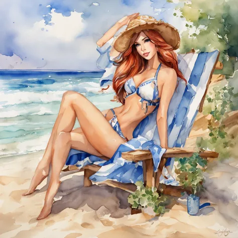 Take an HD photo, 8k,  of Miss Fortune on the beach wearing a bikini