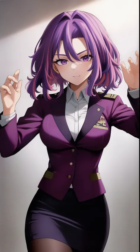 scan, (extremely detailed CG unity 8k wallpaper:1.1), highres, (1girl), lady nagant, boku no hero academia, (purple hair), (multicolored hair), (purple eyes), business suit, blazer, pencil skirt, breasts