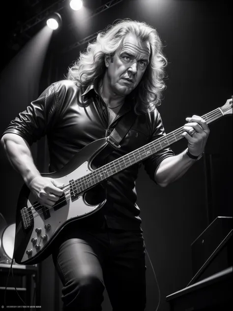 a professional ((black and white))photo shoot of 80s long heavy metal hair styled male 30 years old famous presenter (Jeremy Clarkson:1.2) plays electric bass and sings on stage, detailed face, detailed eyes, symmetric eyes, perfect face, directional stage...