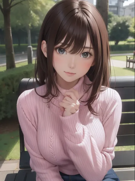 (masterpiece), (best quality), (ultra detailed), 1girl, sexy pose, blush, ((lift up casual sweater:1.2)), happy, looking at viewer, large hair, brown hair, in the park with trees,bench, shy ,sitting on ground, ((solo)) ,worry, blush, naughty,from below,sli...