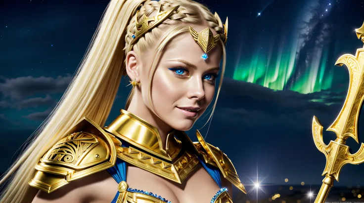 Avril Lavigne, valkyrie, with devil, (French Braided Ponytail sidecut), ((gold and blue aztec drop down breast plates armor:1.1)), gold and blue stockings, (gold royal diadem with glowing gem), (golden spear), skimpy, seductive, naughty smile, platinum blo...