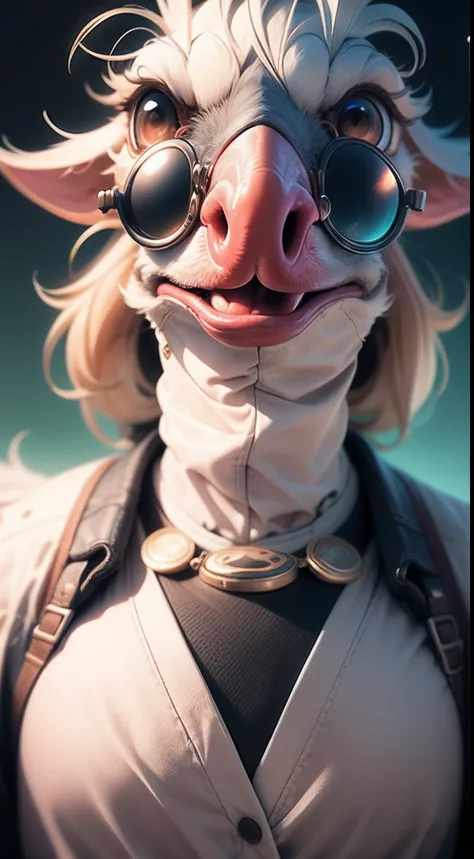 Clever rendering of an ostrich in a suit and sunglasses, Has a bright and colorful background, Rendered in 8K surrealism.