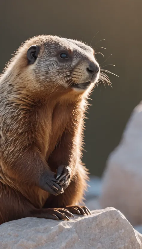 a cute fluffy chubby marmot sunbathing on a pile of rocks, snow mountains background, turquoise glacier lake afar, clear blue sky, highly detailed, golden hour, natural light, octane render, unreal engine