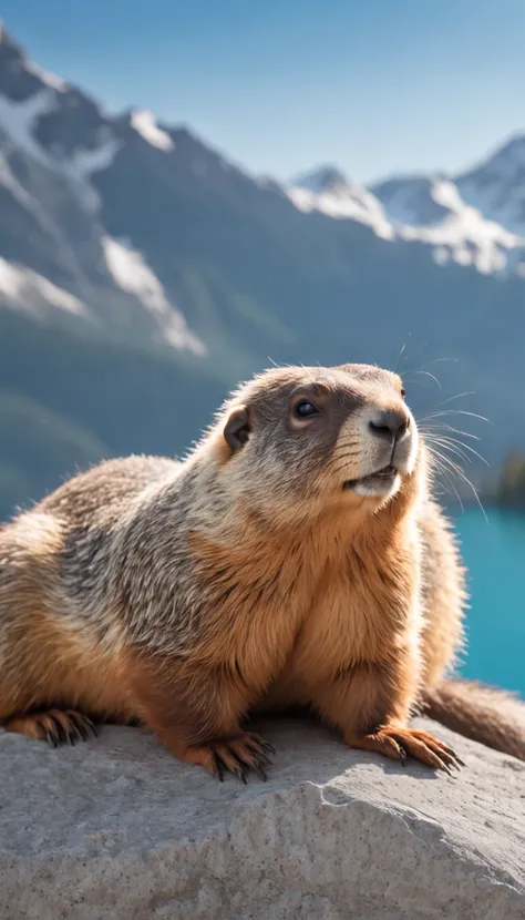 a cute fluffy chubby marmot sunbathing on a pile of rocks, snow mountains background, turquoise glacier lake afar, clear blue sky, highly detailed, golden hour, natural light, octane render, unreal engine