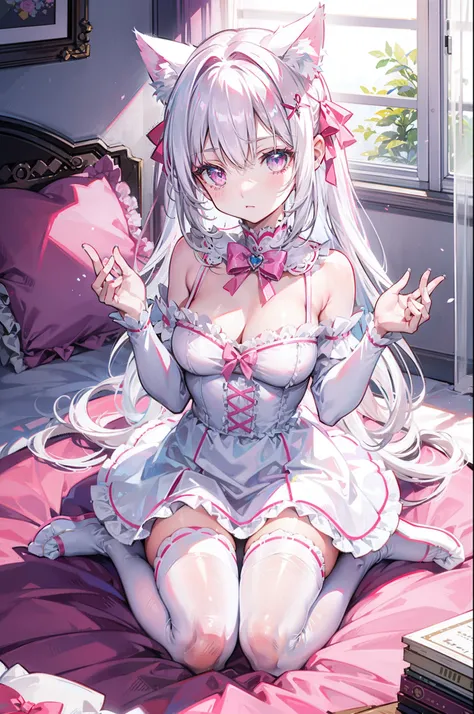 White hair，cat ear，Pink eyes，Light blue Lolita，White tights，pink bows，inside in room，kneeling on a bed