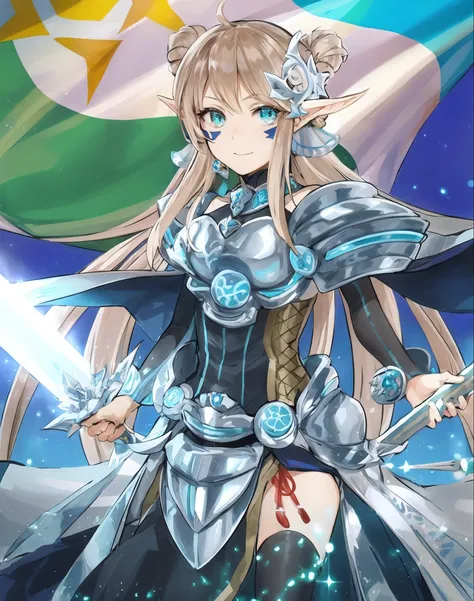 Chica de anime con una espada y una bandera en el fondo, Caballero Princesa Elfo, ojos azules, Seductora princesa elfa caballero, in opal armor, Chica armadura, art style of rune factory 5, Estilo Shadowverse, Vestido con armadura ligera, knights of zodiac...