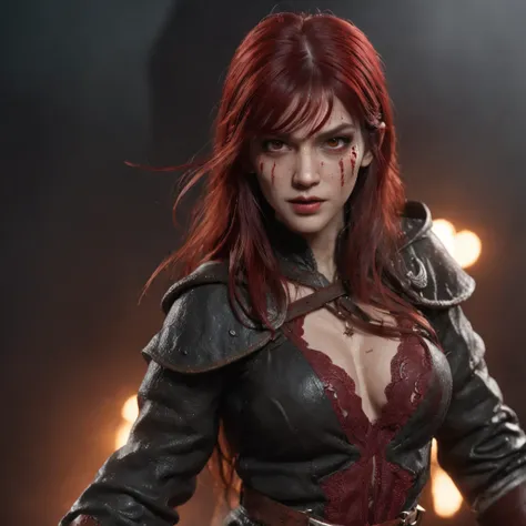 (professional 3d render:1.3) af (Realistic:1.3) most beautiful artwork photo in the world，Features soft and bloodied female heroes, ((Epic hero fantasy witch woman ugh wet hero angry look very long blood red hair with bangs and ferocious expression in dyna...