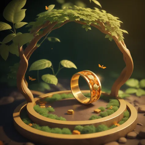 Product image of a ring, gold ring with orange stones on it, masterpiece, (very detailed CG unity 8k wallpaper), (best quality), (best illustration), (best shadow), background is Forest theme with natural elements, flowers, warm tones, surrounded by delica...