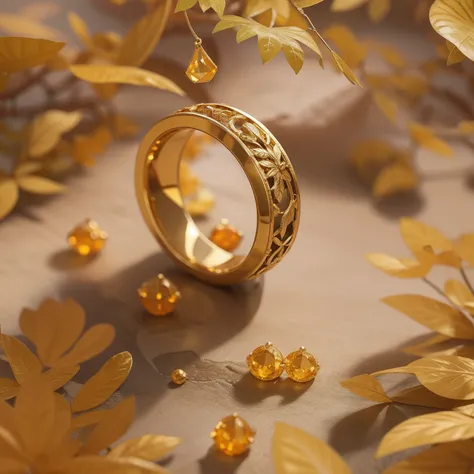 Product image of a ring, gold ring with orange stones on it, masterpiece, (very detailed CG unity 8k wallpaper), (best quality), (best illustration), (best shadow), background is Forest theme with natural elements, flowers, warm tones, surrounded by delica...