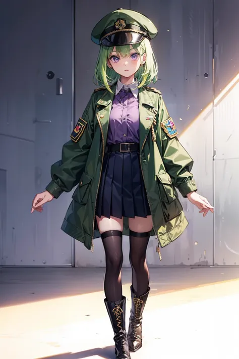 1girl, light green hair, collared jacket, military jacket, military hat, purple military uniform, pleated skirt, boots, purple eyes, oversized jacket, loli