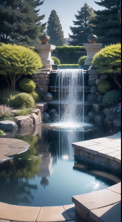 Landscaping: Create a beautiful landscape around the house. Combine well-maintained gardens with vibrant flowers, manicured hedges, There is also a small water feature，Such as tranquil reflecting pools or cascading fountains.