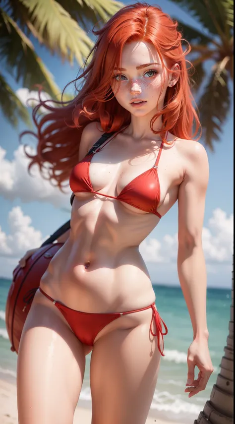 Cute redhead 20-year-old with long flowing hair in a small cute red bikini, freckles, full body, photorealistic