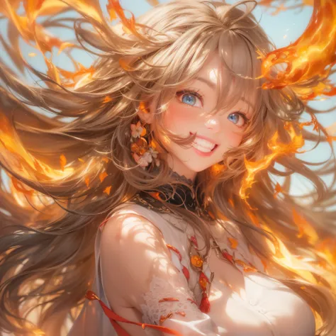 Close up of flame smile with open mouth、(realisitic、hight resolution)、(1 girl in)、Do-Up Eye、Korean Girl、(Best Quality), (masutepiece), (1girl in), Solo, a beauty girl, Perfect face, Big Breast,dreamlikeart、Highly detailed airbrush art((Surreal))、Volumetric...