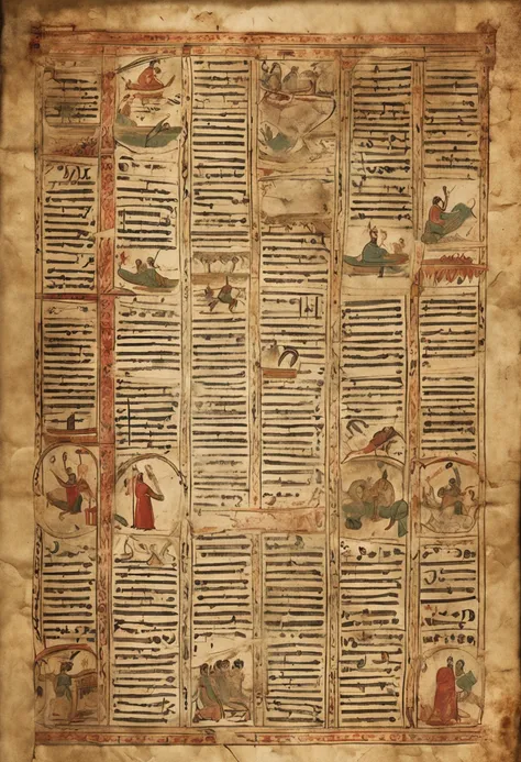 Images of ancient manuscripts, traditional instruments, and poets composing