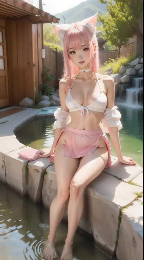 White silk hot spring cat ear girl bare breasts long legs，Pink miniskirt