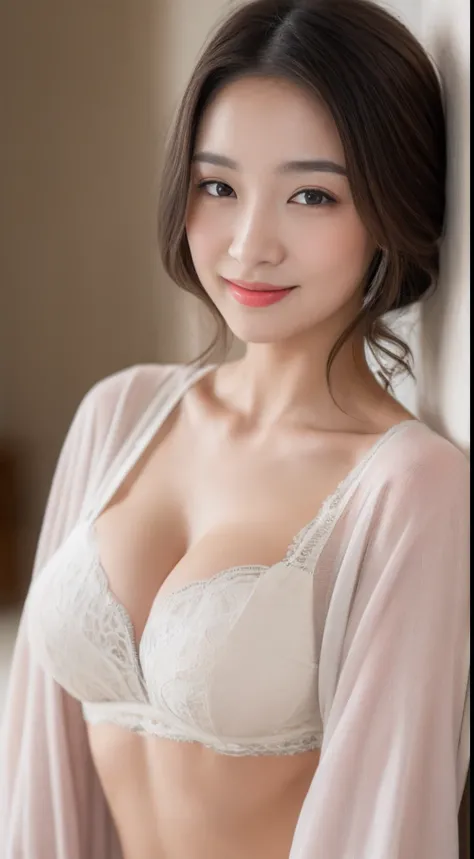 ((Best quality, 8k, Masterpiece :1.3)), 1girl, beautiful woman with emphasis on slim abs: 1.3, (casual hairstyle, big breasts: 1.2), casual wear: 1.2, interior, ultra-detailed face, delicate eyes, double eyelids, soft breasts, smile, exposed cleavage