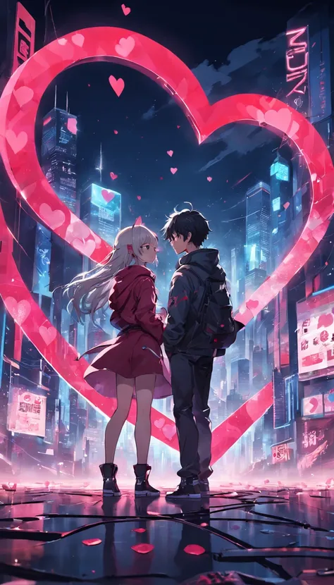 Design a simple Valentines Day design with the word love, Transparent background, Love element,Heart-shaped composition,A boy and a girl get entangled,modern fashion outfit,Simple cyberpunk city as a backdrop,