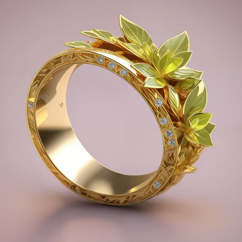 Product image of the ring，Gold ring with sparkling gemstones，tmasterpiece，（Very detailed CG unity 8k wallpaper），（best qualtiy），（Most Best Illustration），（best shadow），The background is a forest theme with natural elements，blossoms，a warm color palette，surro...