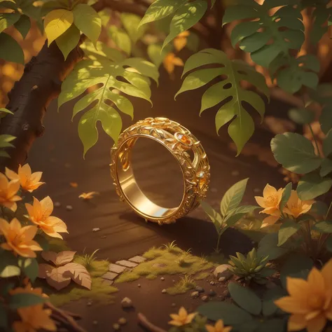 Product image of a ring, gold ring with orange stones on it, masterpiece, (very detailed CG unity 8k wallpaper), (best quality), (best illustration), (best shadow), background is Forest theme with natural elements, flowers, warm tones, surrounded by delica...