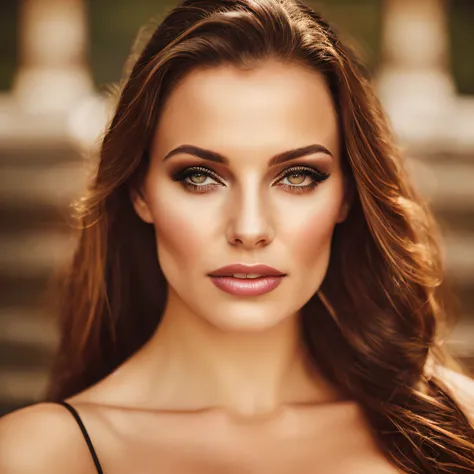 close-up portrait of a young sexy Ukrainian woman in a revealing tight dress in a spa retreat, symmetrical face, outdoor lighting, thoughtful atmosphere, sharp eyes