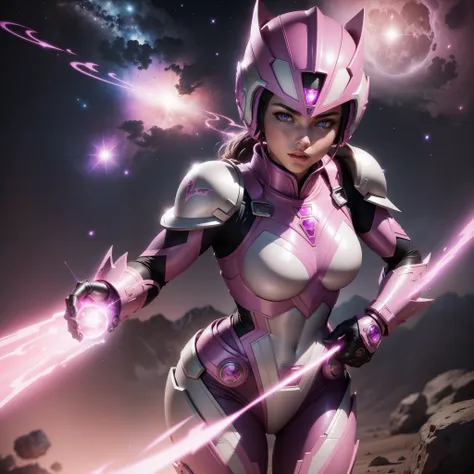 Pink power ranger, moon detail armor, purple galaxy, cinematic, hyper detailed, high quality, global light