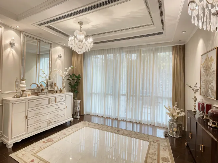 ，masterpiece, best quality，8k, ultra highres，Reallightandshadow，Step into a luxurious duplex suite，Its like entering a breath-taking art temple。Spacious living room，Ornate crystal chandeliers hang from the carved ceiling，Every crystal is picturesque，Shimme...