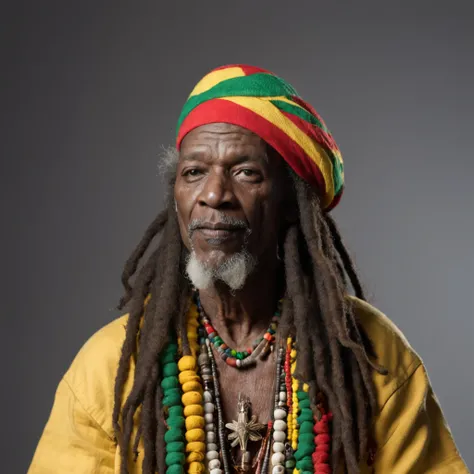 Rastafari Oldman playing a hyper detailed bongo with Rastafari symbols with gold Rastafari accessories on his white dreadlocks, fotografia, soft-lighting, detalhes suaves, octana, Artstation Trend, ultra alto detalhe, Ultra realista, cinemactic, 16k, Image...