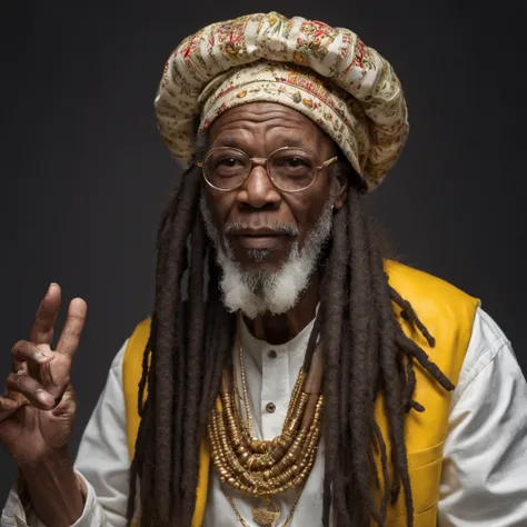 Rastafari Oldman playing a hyper detailed bongo with Rastafari symbols with gold Rastafari accessories on his white dreadlocks, fotografia, soft-lighting, detalhes suaves, octana, Artstation Trend, ultra alto detalhe, Ultra realista, cinemactic, 16k, Image...