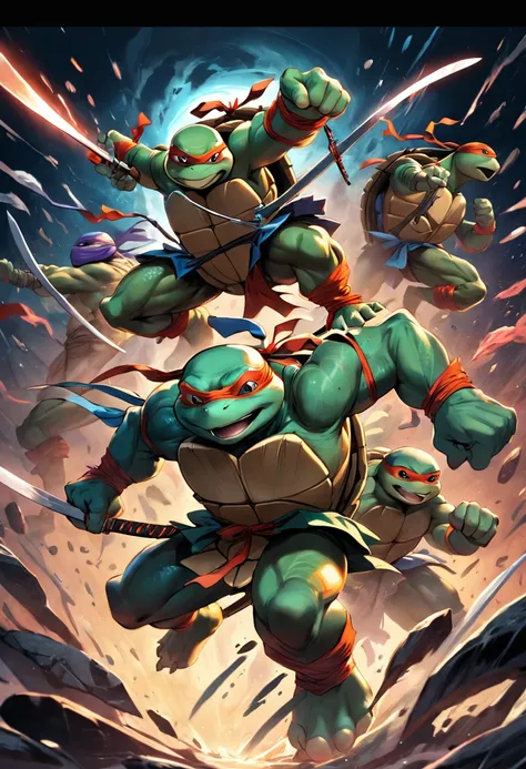 MUTANT NINJA TURTLE CHAOS FIGHTING BLACK BACKGROUND