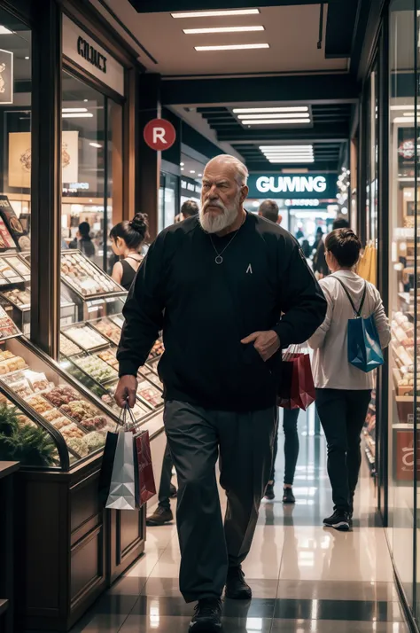 "A muscular old man walking in a bustling mall, shopping center, glass storefronts."