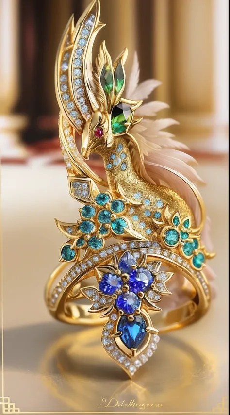 delicated，Phoenix ring，Made in gold，Phoenix eyes set with blue gemstones，Detailed texture，High quality diamonds，A ring box with a refined Chinese style and texture，Phoenix pattern，Shine，The sheen，realisticlying，Exhibited，Close-up Shot Shot，Frontal photo