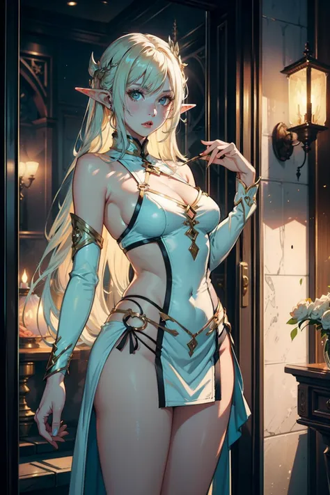 4D、Elven Woman,27yo,（8K picture quality、high-detail、​masterpiece、ultra-definition）、Ray traching、a blond、a blond、white  hair、long、high-detail skin、(scarface),Slit skirt,a miniskirt