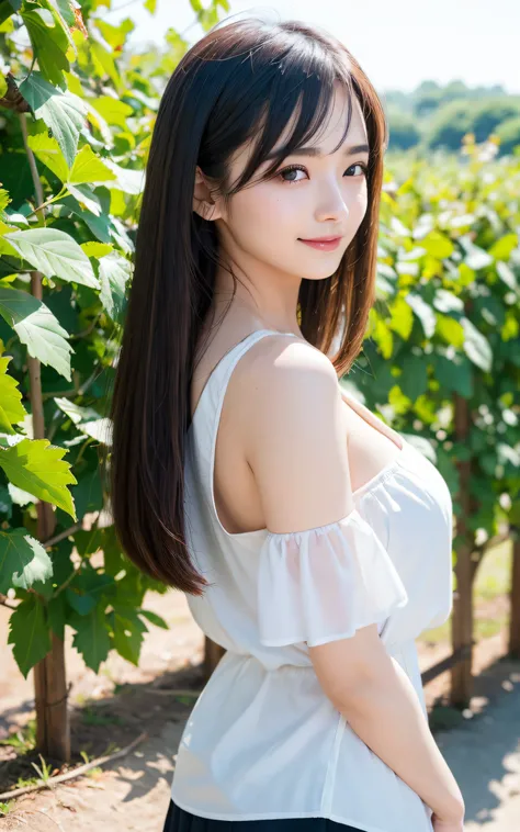 ((Best Quality, 8K, masutepiece: 1.3)), (Sharp Focus: 1.2), Charming vineyards with rows of vines that stretch far into the distance, 1 girl, Full body, stunning elegant pose，Neat and clean beauty, 20 years old, Japanese, Looking away, Classy and elegant, ...