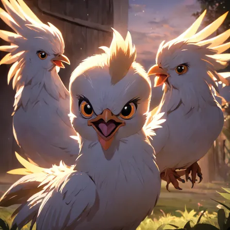 Uma galo，Frango exagerado com olhos grandes,Crazy zoo style， Animais de galinha, frango, Galinhas fofas,Galinha bem-humoradamasterpiece, best quality, movie still, cloud , floating in the sky, close-up, bright, happy, warm soft lighting, sunset, (sparks:0....