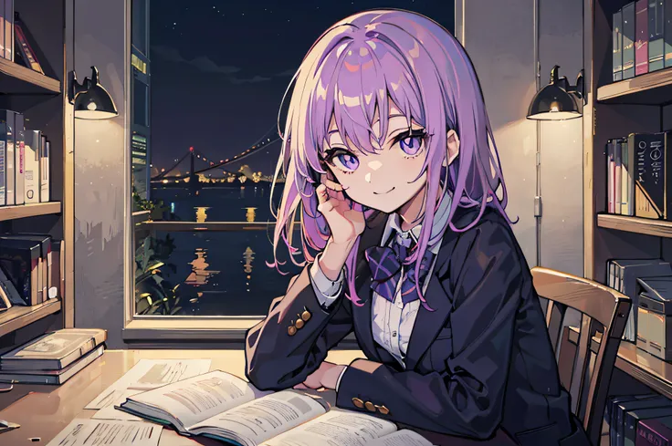 Beautiful woman　Studying　Smiling face　on desk　atlibrary　deep in the night　murky　nighttime scene　Test Preparation　Pupils　Purple hair　Beautiful eyes that seem to be sucked in