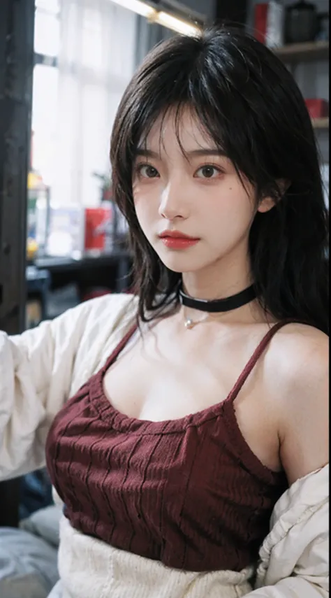 best qualtiy， 超高分辨率， （realisticlying：1.4），Baoyu Girl，1girll, with long coiled hair，Blushlush，Looking into the distance，nedium breasts，Cropped red sweater，a sense of atmosphere，Beautiful woman with a slim figure:1.4, Abs，Ultra-fine face，Elaborate Eyes，二重まぶた...