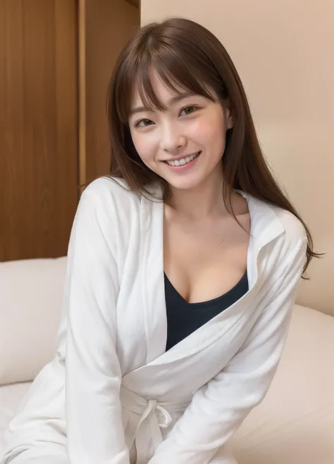 masutepiece、Supreme Beauty、Outstanding style、​masterpiece, 1 rapariga, 独奏, (Sit with your crotch open 1.5), on the beds、 (Bathrobes 1.5)、A slender、Beautiful belly、Smile, high detailing, middlebreasts 、depth of fields, 135 mm, Textured skin, Super Detail, H...