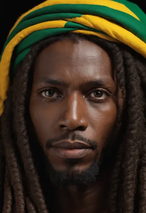 Create a logo with the head of a black man with dreadlocks in black colors, verde, amarelo e vermelho (olhando para a frente) , imagem estilo logomarca , Sober, (fundo preto), Image with resolution of at least 300dpi, UHD 8k, Very high quality for excellen...