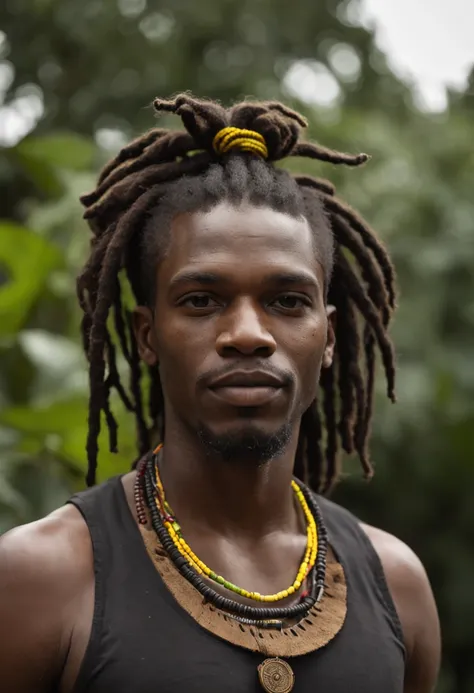 Create a logo with the head of a black man with dreadlocks in black colors, verde, amarelo e vermelho (olhando para a frente) , imagem estilo logomarca , Sober, (fundo preto), Image with resolution of at least 300dpi, UHD 8k, Very high quality for excellen...