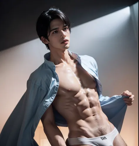 best quality, masterpiece, (photorealistic:1.4), 1boy ,  shirt with collars, waist up, dramatic lighting, from below , handsome, sixpack, charming, cute, white skin, naked,Not wearing underwear , male genitalia exposed, large long veined hard erect male ge...