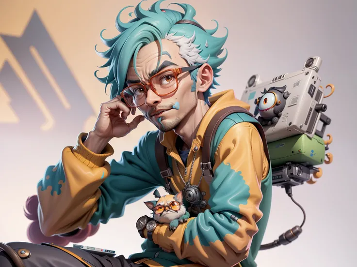 A young man with glasses sits at his desk，holding laptop，digitial painting，3D character design by Mark Clairen and Pixar and Hayao Miyazaki and Akira Toriyama，4K HD illustration，Very detailed facial features and cartoon-style visuals。