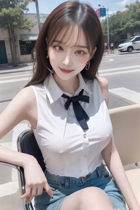 top-quality, tmasterpiece, 超A high resolution, 1girl in, Transparent collared shirt,Sleeveless、sit on chair、triangle earrings、Clear makeup thin、natural make up、huge tit、cafe-terrace、DL、drink、A smile