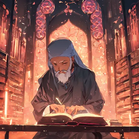 A Muslim scholar in a library reading books