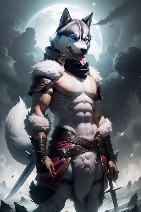 Husky dog with a sword in his mouth，The tail is curled with a sword，Hurricanes surround you