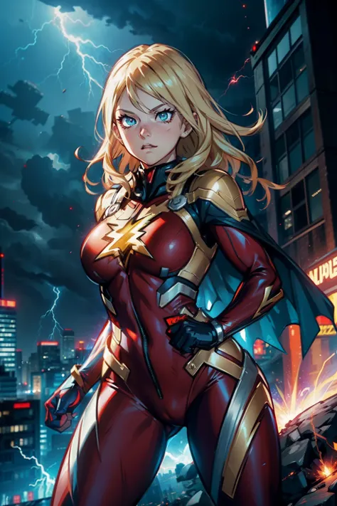 the flash as a female, superhero, red cape, full body suit, ((my hero academia style)), detailed face, fist, RTX, unreal engine, day time, city, flight, blonde, blue eyes, glowing eyes, strong, muscular, adult, (lightning symbol on chest), (tight suit)